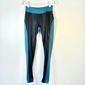 SOYBU Leggings Women L Teal Blue Black Two Tone Faux Leather Recycled NWOT
